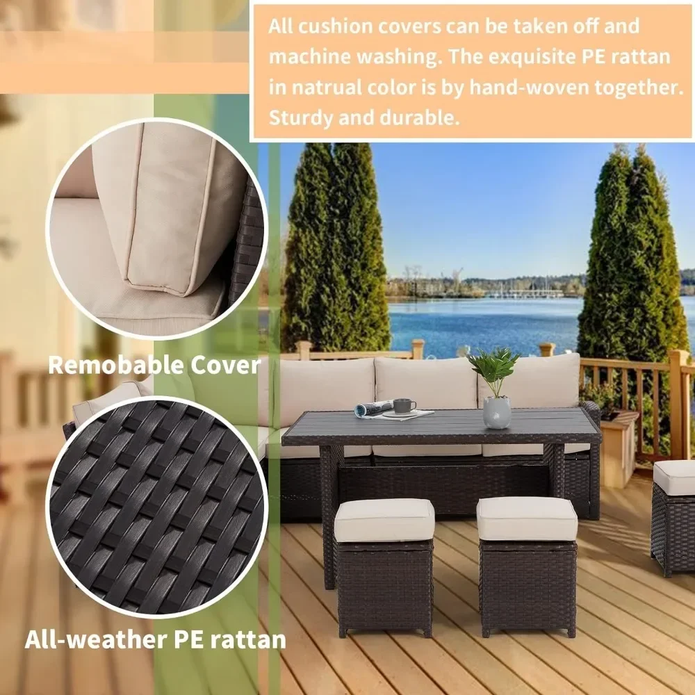 7 Pieces Patio Furniture Set, Outdoor Sectional Sofa Conversation Set, All Weather Wicker Rattan Couch Dining Table & Chair image 5