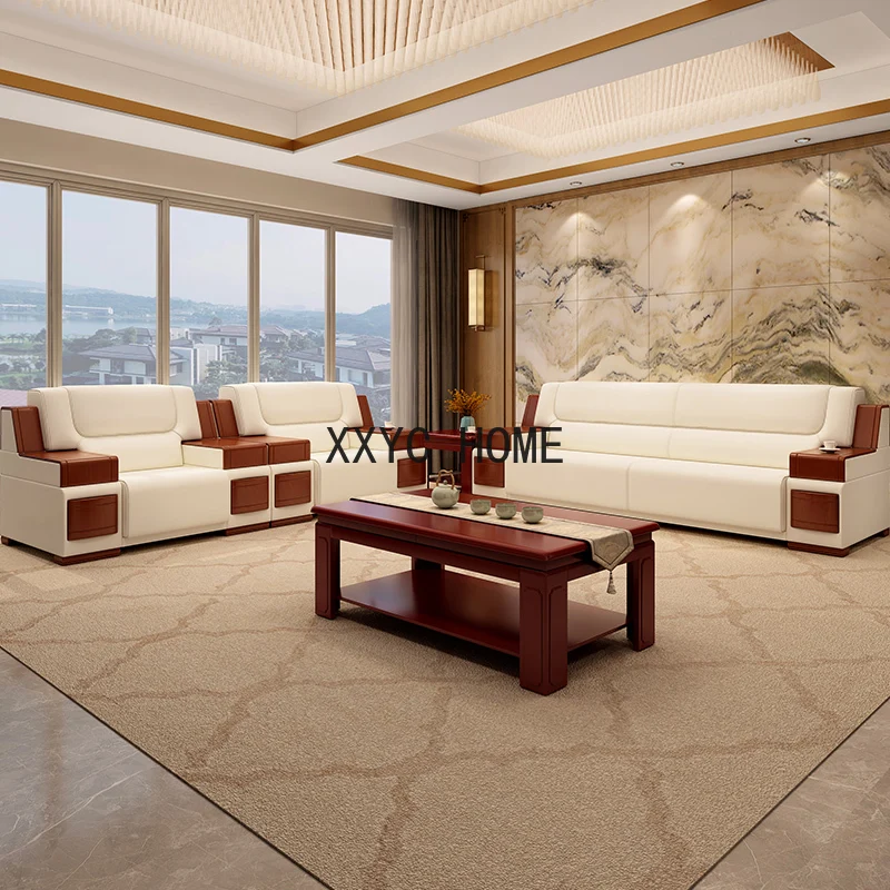 Modern Reception Negotiation Reception Three-Seat Genuine Leather Office Sofas Tea Table Combination Furniture