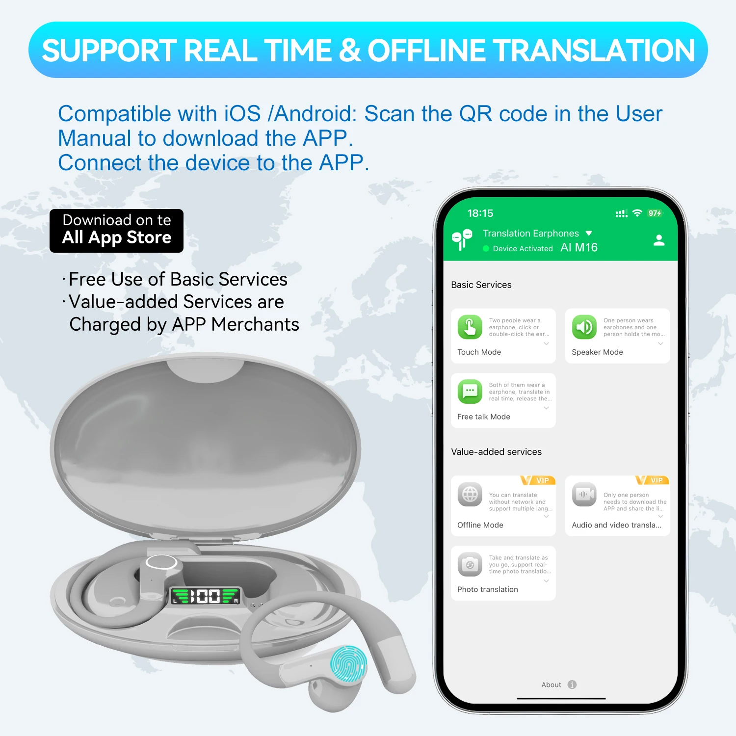 سماعات أذن لغة Ai مُترجم 150 لغة في الوقت الحقيقي جهاز مترجم صوتي، يدعم الموسيقى والهاتف والوظائف العادية #6