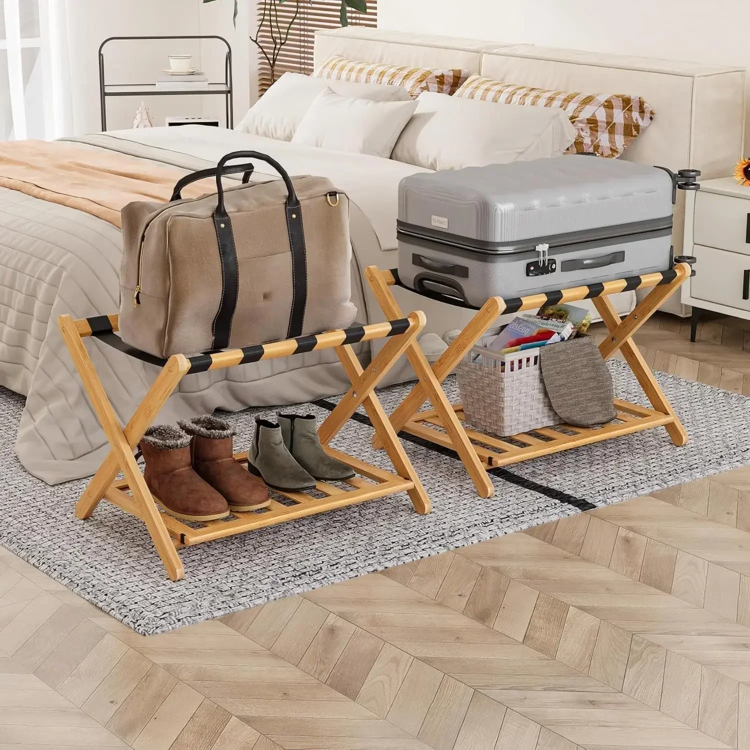 

Fully Assembled Luggage Racks Pack of 2, Folding Suitcase Stand with Storage Shelf, Bamboo Luggage Stand with 5 Nylon Straps for
