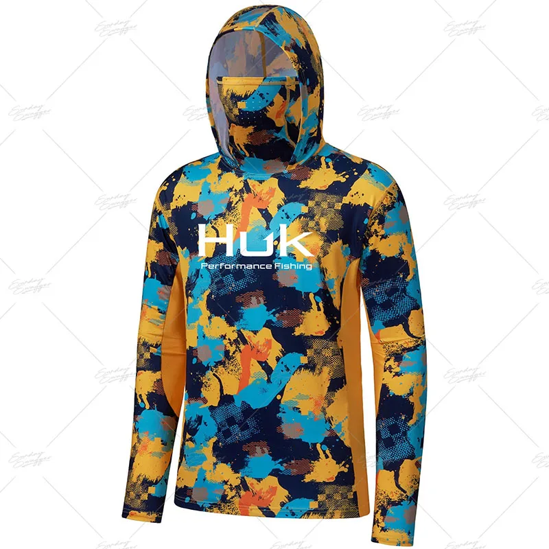 

Men Fishing Hoodie Shirts HUK Neck Mask Long Sleeve Camouflage Fishing Clothing Cap Breathable UV Protection Angling Jersey