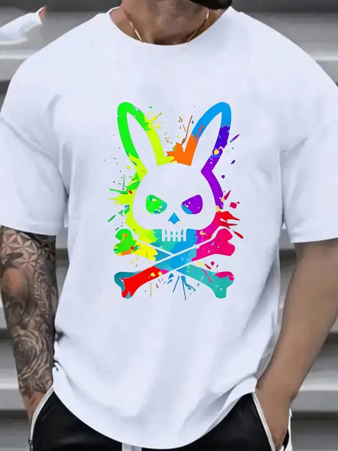 

Summer Fashion Men's Cotton T-Shirt Colorful Skull Rabbit Pattern Printing Men's Clothing Outdoor Wearing Oversized Shirt Tees
