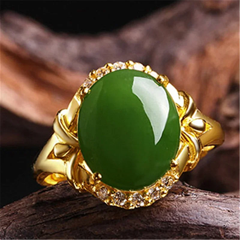 Hetian Langdurige Ring Puur Vergulde Echte 18K Geel Goud 999 24K Ingelegde Jade Smaragd Opening Verstelbare Gift Ring Nooit Vervagen Je