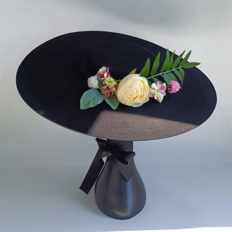 Catwalk 15cm Oversized Wool Hat Detachable Flat Top Formal Red Women Fedora Stage Performance Felt Hat Winter Bandage Women