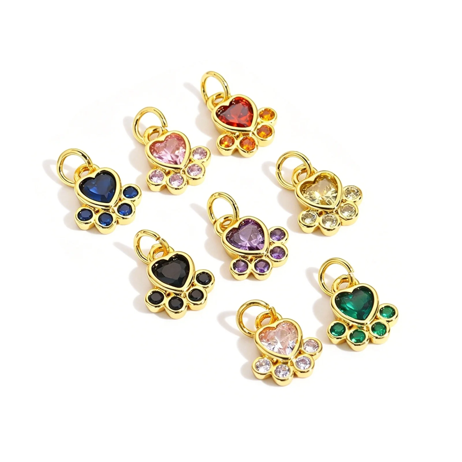 3pcs Pet Memorial Paw Print Charms Multicolor Cubic Zirconia 18K Gold Plated Brass Charms For DIY Necklace Jewelry 13mm x 8mm