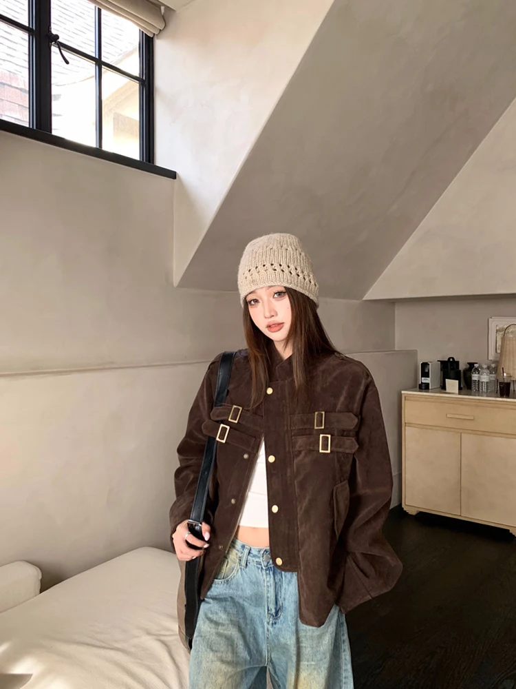 

American Sle Long Sve Motorcycle Jaet Women's Casual Loose Fit Collar Design Spring 2026 Faion Trend Outerwear