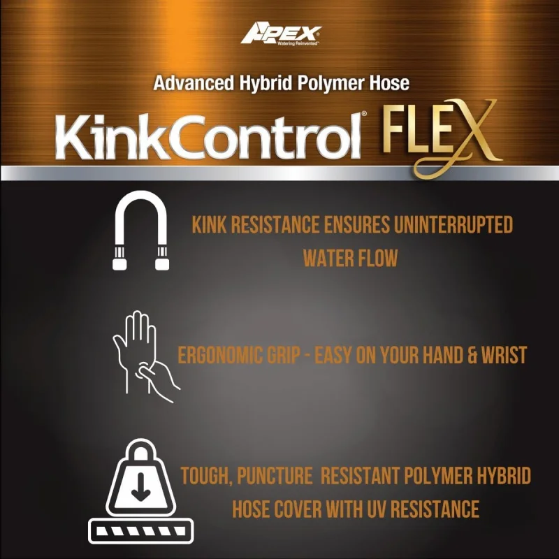 Kink Control Flex Advanced Hybrid Hose - Ft Outdoor Hose, 40% Lighter, Ultra Flexible, Easy to Maneuver, Kink Resistant, Dur