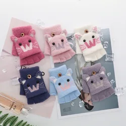 Outono inverno quente luvas flip cover fingerless luvas macio crianças menina bonito dos desenhos animados metade do dedo de malha mais veludo luvas de equitação