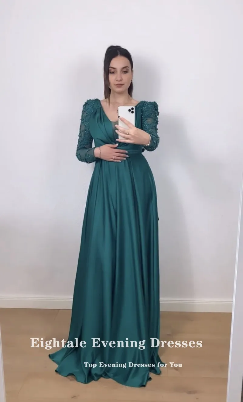 Eightale árabe vestidos de baile para casamento cetim com contas de mangas compridas vestidos de noite vestido de festa verde robes de soirée