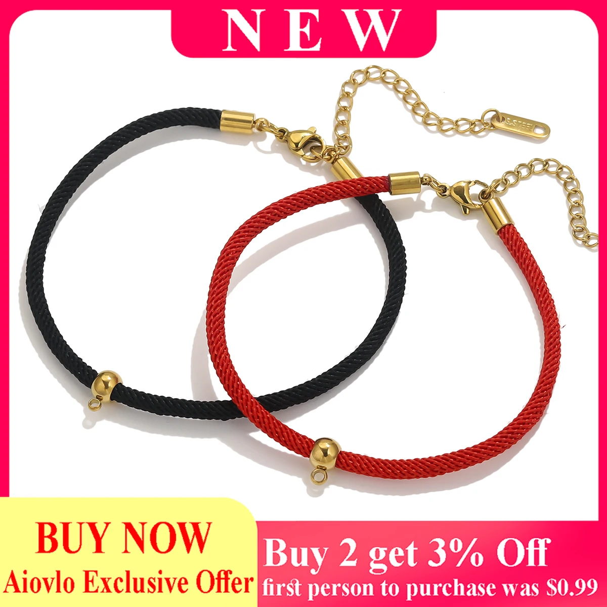 

4PCS Stainless Steel Red Black Rope Bracelet Adjustable Lucky Cord Bangle with Charm Loop for DIY Couples Jewelry Making Wholesa