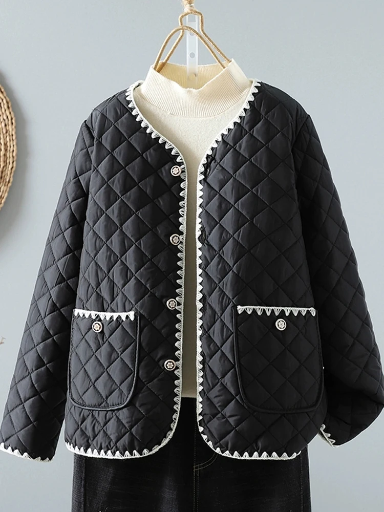 

Vintage Plaid Short Parkas Women 2025 New Autumn Winter Lace Patchwork Age-reduced Quilted Coats Sleeveless Outerwear Tops