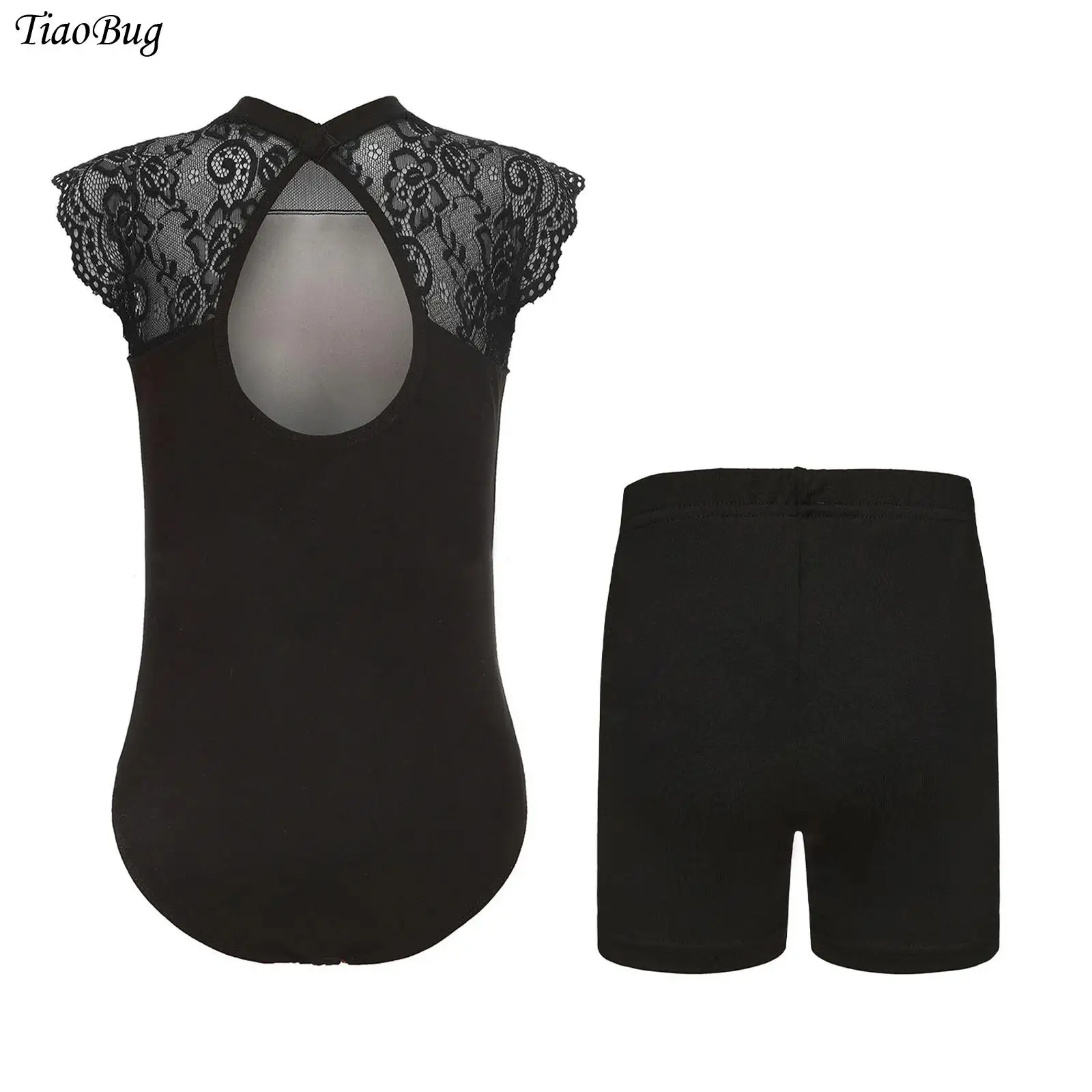 

Toddler Girls Lace Cap Sleeves Mesh Patchwork Leotard Elastic Waistband Shorts Latin Ballet Dancewear for Stage Show Performance