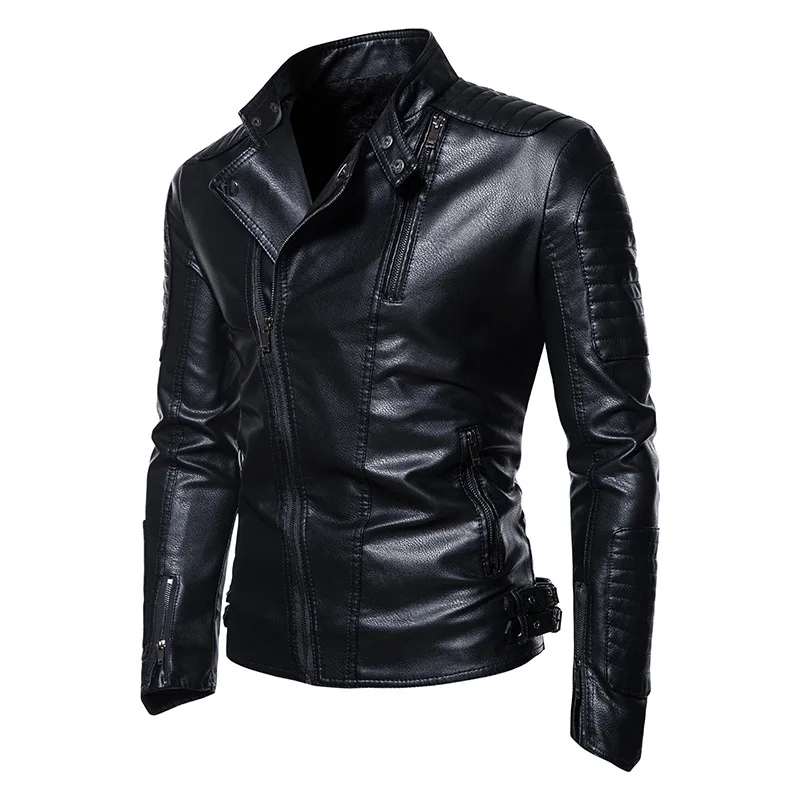 

Men's England Style Faux Leather Jacket with Fleece Lining and Stand Collar, Fashion Punk Motorcycle Design Coat