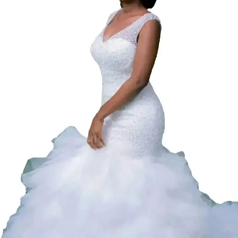 Robes De mariée sirène africaines personnalisées, col en V, perles lourdes, volants à plusieurs niveaux, robes De mariée avec traîne De balayage