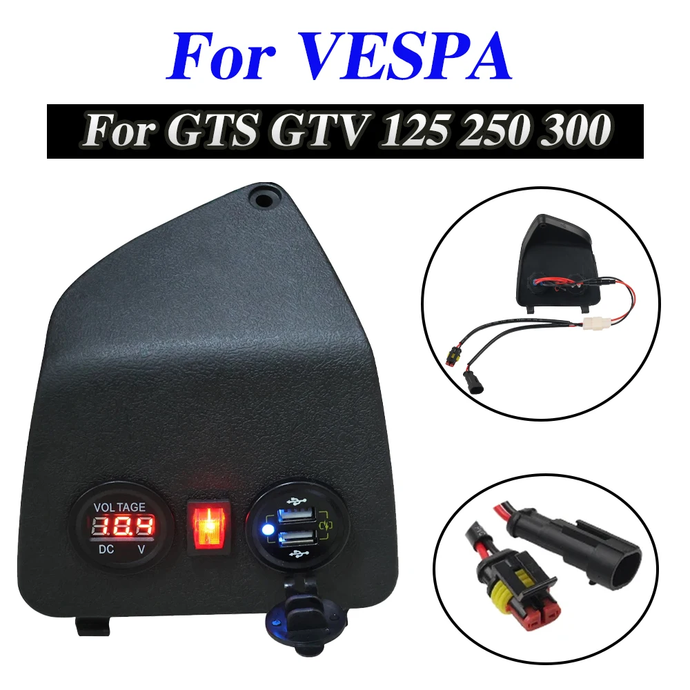 

For Vespa GTS 125 250 300 GTS300 Accessories Scooter Mobile Phone Dual USB Charger Voltmeter Voltage Display Cigarette Lighter