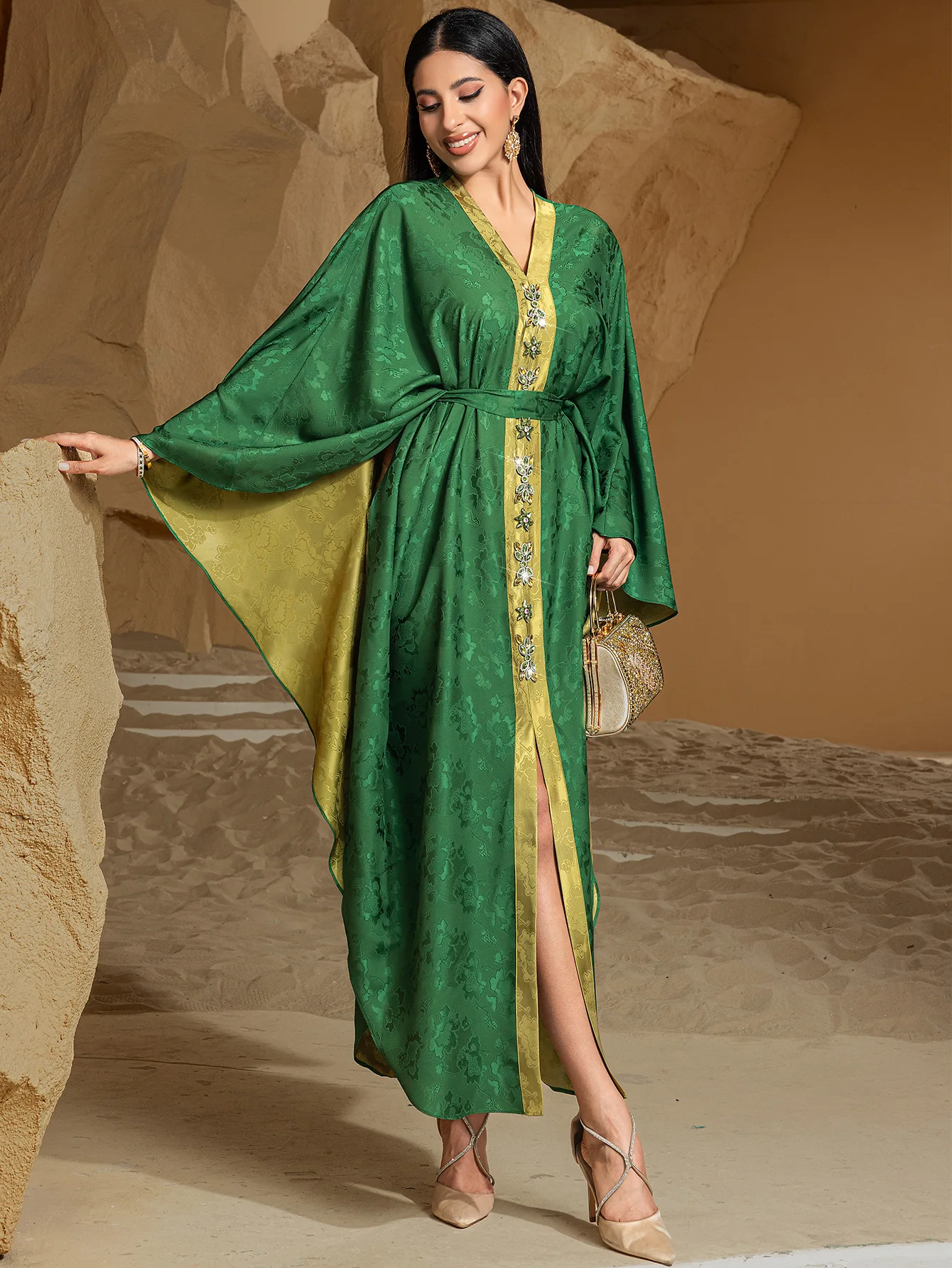 Ramadan Eid Verde Raso Abaya Diamanti Dubai Lusso Islam Musulmano Abiti Africani per Le Donne Caftano Robe Femme Musulmane Djellaba