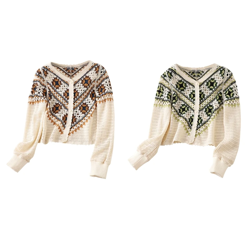 

Women Long Sleeve Hollow Crochet Cardigan Vintage Knit Geometric Sweater Outwear P8DB