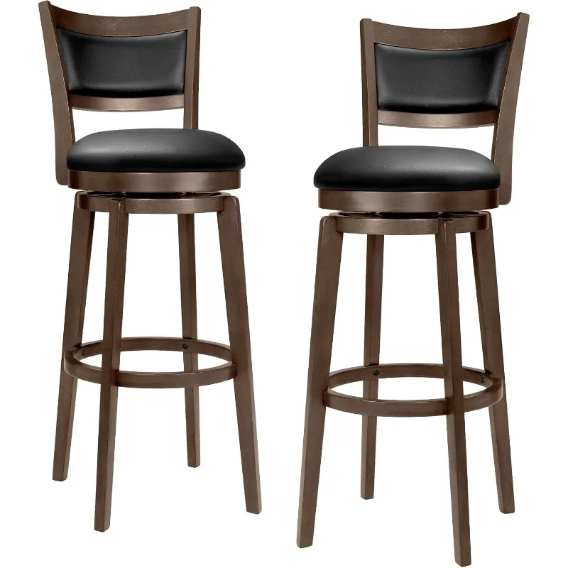 

34" Extra Tall Bar Height Stools Set of 2 - High Back Swivel Barstools with Black Faux Leather Upholstered Seat & Solid Wood Foo