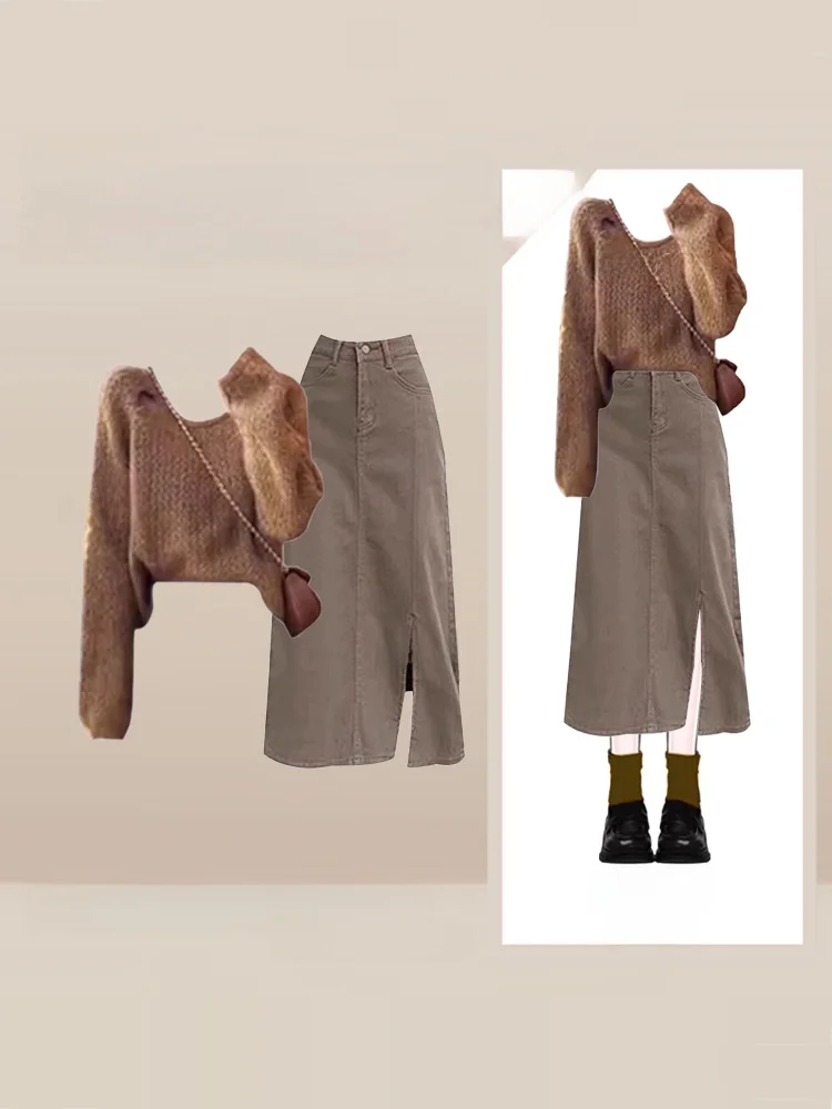 

Винтажный вязаный свитер и юбка с высокой талией, комплект из двух предметов, модная юбка А-силуэта, длинный рукав, V-образный вырез