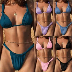 Pleasted Bikinis Colaless Swimsuit Triangle Bikini Set Women Swimwear Halter Bathing Suits Bandage Beachwear Brazilian