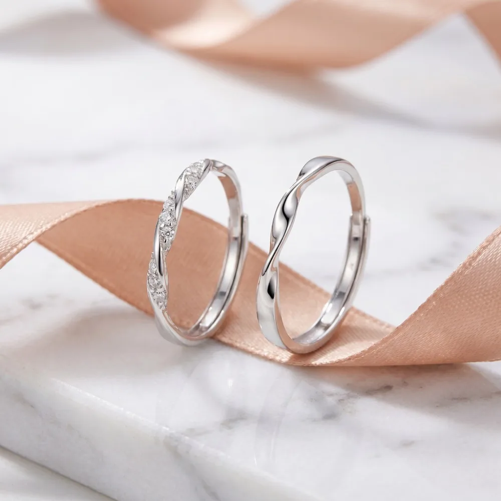 

925 Sterling Silver Twisted Intertwined Couple Rings Adjustable Open Band Shiny Cubic Zirconia Promise Rings Jewelry Gift