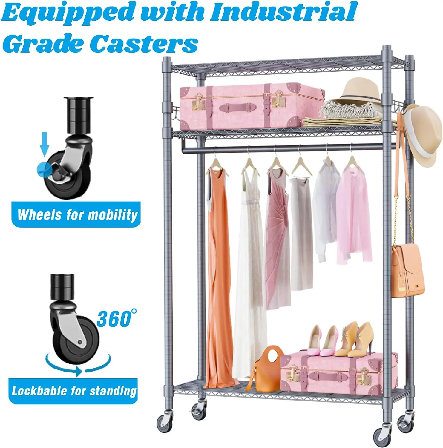 Placard à roulettes sur pied avec roues verrouillables, vêtement à 3 niveaux T1, mise en place de fil de vêtements rapDuty, le plus récent