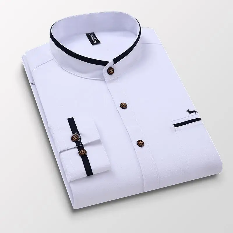 New Spring Casual Business Men Blouse Harmont Solid Mandarin Collar Long Sleeve Embroidery Men\'s Blouses Blaine Shirts