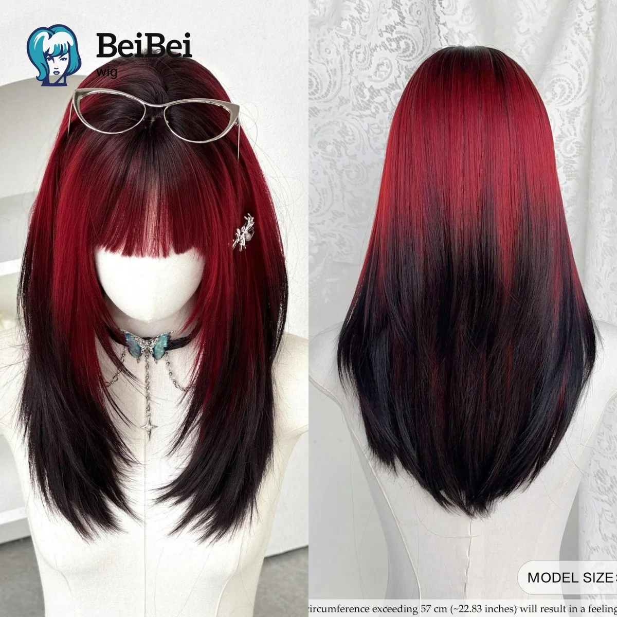 20 بوصة أحمر أومبير أسود طويل شعر مستعار مستقيم للنساء شعر مستعار اصطناعي رائع مع الانفجارات جذور داكنة شعر مستعار للفتيات الموضة #1