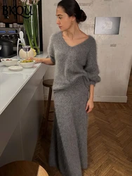 BKQU Knitted 2 Piece Sets Women Casual Loose V Neck Long Sleeve Tops Lazy Long Skirt Suit Autumn Lady Mohair Warm Sweater Outfit