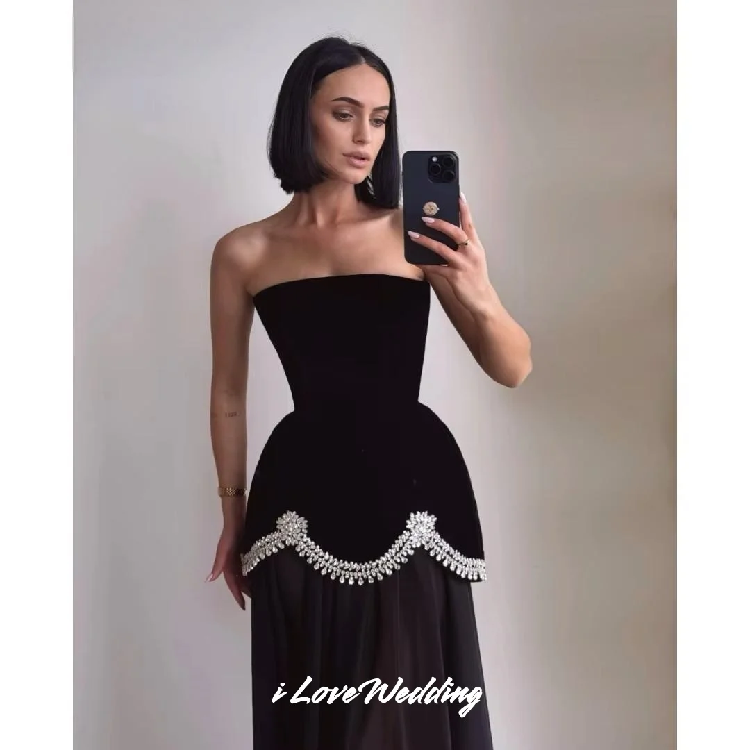 ブラック ビーズ A ライン ストラップレス ノースリーブ プロムドレス ローブ ド ソワレ ウェディング パーティー ドレス フロアレングス エレガント プリーツ カスタム