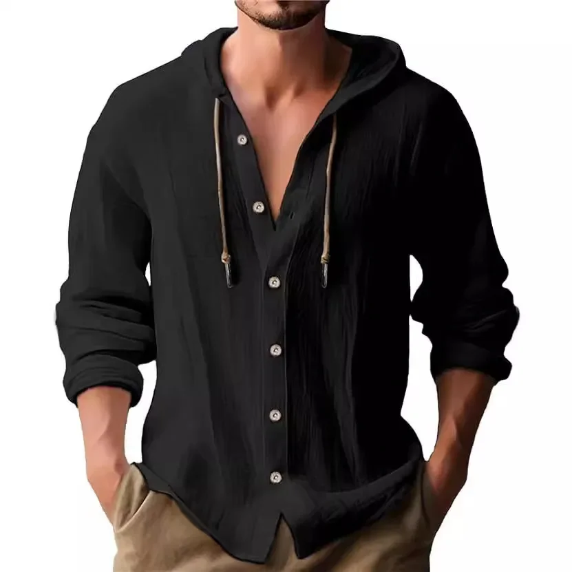 

Men's Hooded Shirts Solid Color Cotton Linen Men's Casual Long Sleeve Top Simple Fashion Autumn Shirts for Sports Fitness