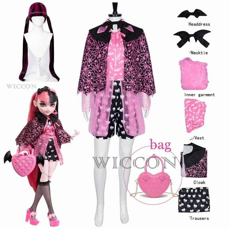 Tenue de cosplay Monster High Anime pour femme, ensemble de robes Gelpink, combinaison et sac, accessoires de fête d'Halloween