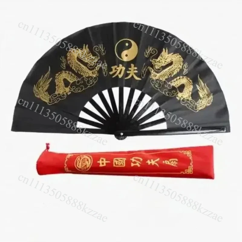 Chinese Tai Chi Fan Bamboo Ribs Double Dragon Kung Fu Fold Ring Fan Classical Red Performance Martial Arts Fitness Dancing Fans