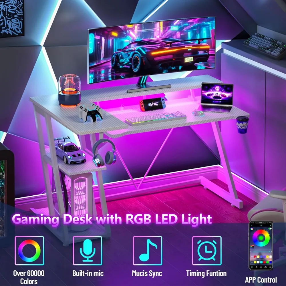 L-Shaped Gaming Desk with LED Lights and 3-Tier Storage, 47 Inch White Corner Computer Desk with Power Outlet