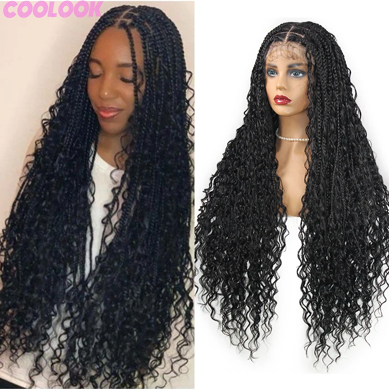 

Synthetic Full Lace Braided Wigs for Afro Women 32'' Bohemian Water Wave Braid Wigs Black Lace Frontal Braids Wig with Curly End