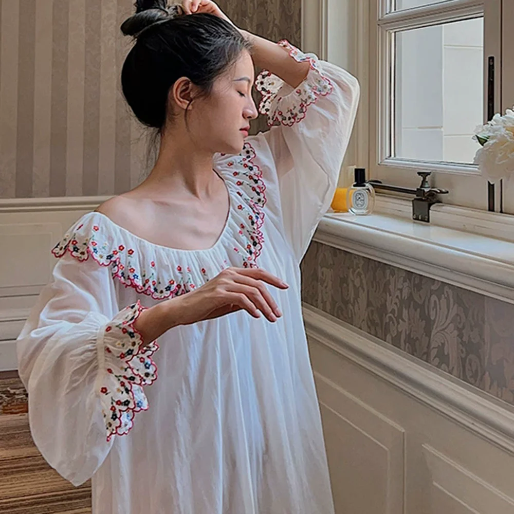 Women nightgown long sleeve cotton embroidered flowers sweet cute long nightdress morning robe loungewear loose homewear pajamas