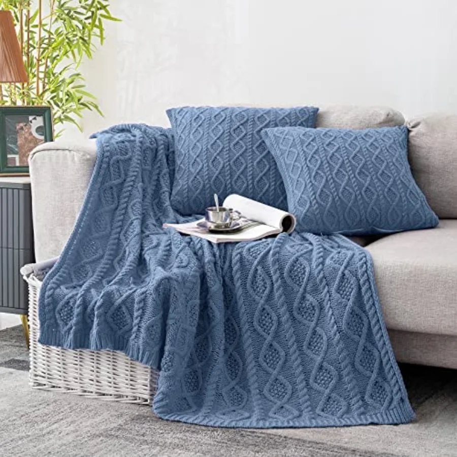 

Cable Knit Throw and Set, Grayish Throw Blanket Set of 3, Knitted Throw Blanket "" and 2 Pillow Covers (18"18"), Soft Cozy Deco