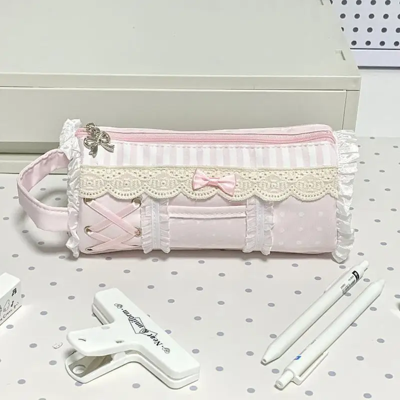 Rosa Mädchen-Stiftetui mit süßer Spitze, großes Fassungsvermögen, Schreibtisch-Organizer, Stifttasche, süße Mädchen-Make-up-Tasche, Geschenk, 1 Stück – Detail 2