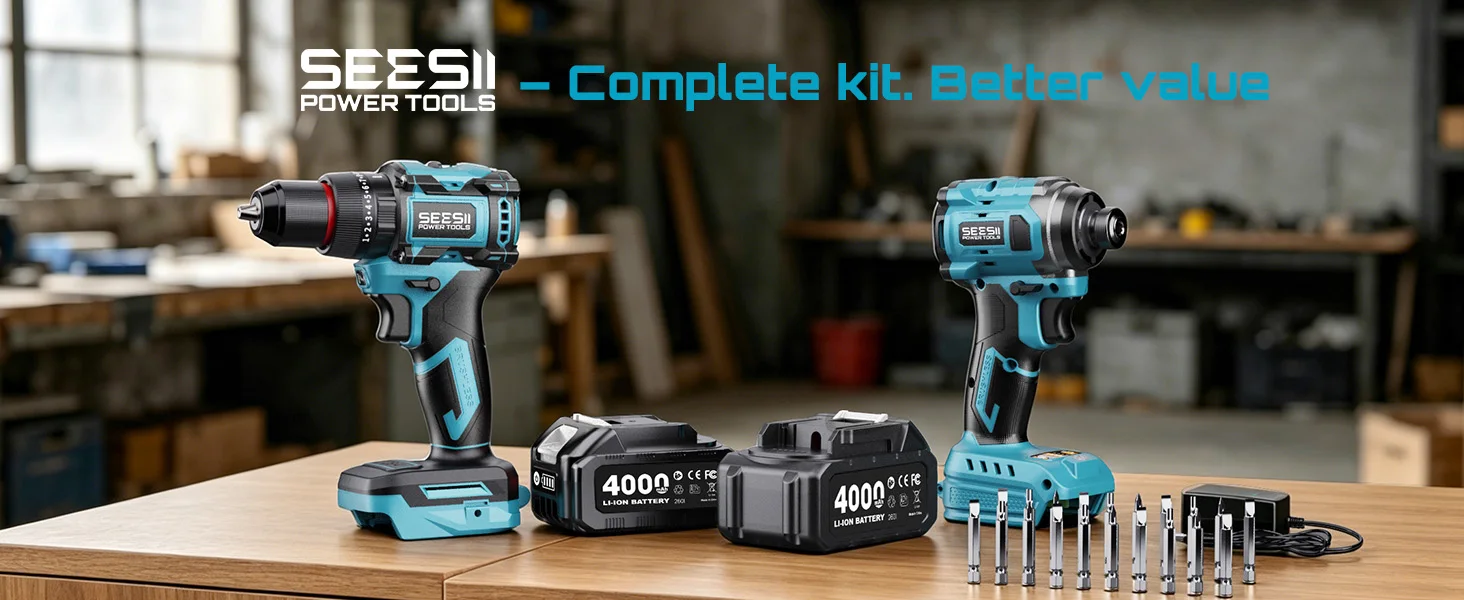 SEESII 3/8'' Drill & 1/4'' Impact Driver 21V Cordless Electric Brushless Drill Impact Wrench Variable Speed Screwdriver Battery Powered Tool Kit with 2x4.0Ah Batteries LED Light