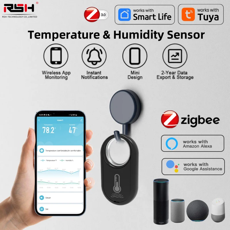 RSH Tuya zigbeetsensore di umidità della temperatura Smart Wireless Application Alarm termometro e igrometro per interni alimentati a batteria