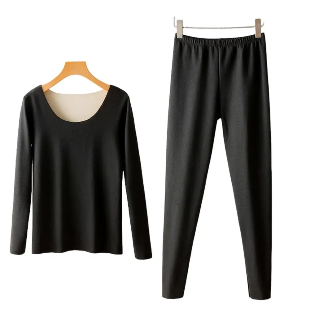 2 Pcs/Set Women Top Pants Set Seamless Thick Plush Thermal Soft Warm Elastic Waist Long Sleeves Bottoming Clothes Set