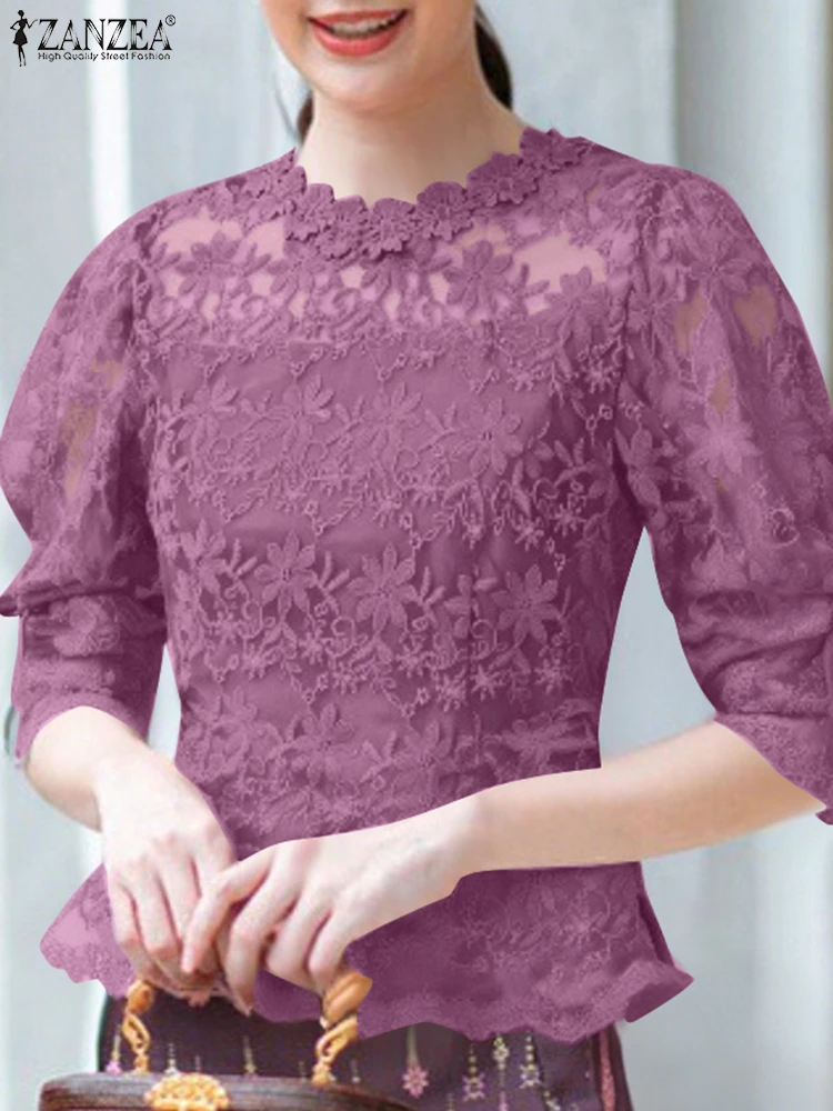 

Women Short Sleeve Embroidered Work Tops Stylish Lace Blouses 2025 ZANZEA Elegant Summer Hollow Out Shirt Fashion Holiday Blusas