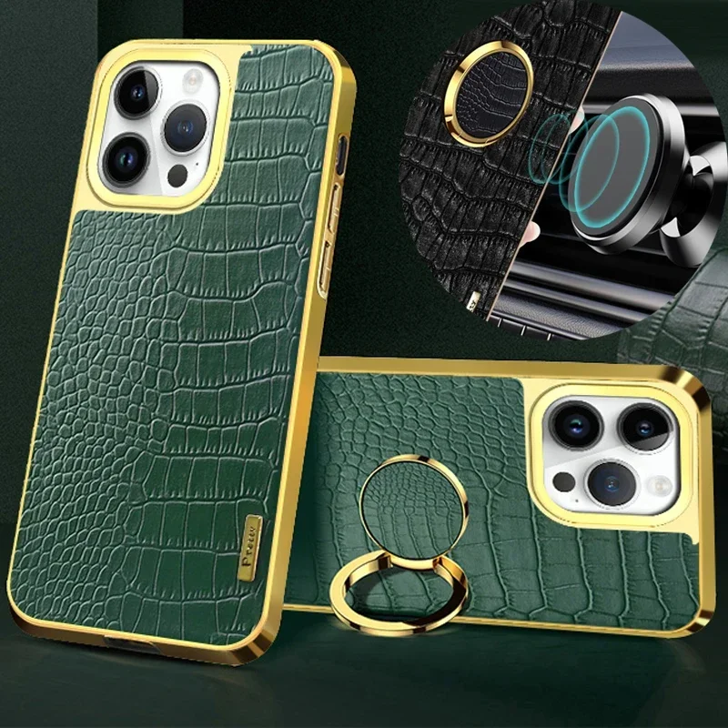 For IPhone 16 Pro Max 16E Crocodile PU Leather Soft Case Shockproof Magnetic Kickstand Ring Holder Silicone Cover Phone Cases