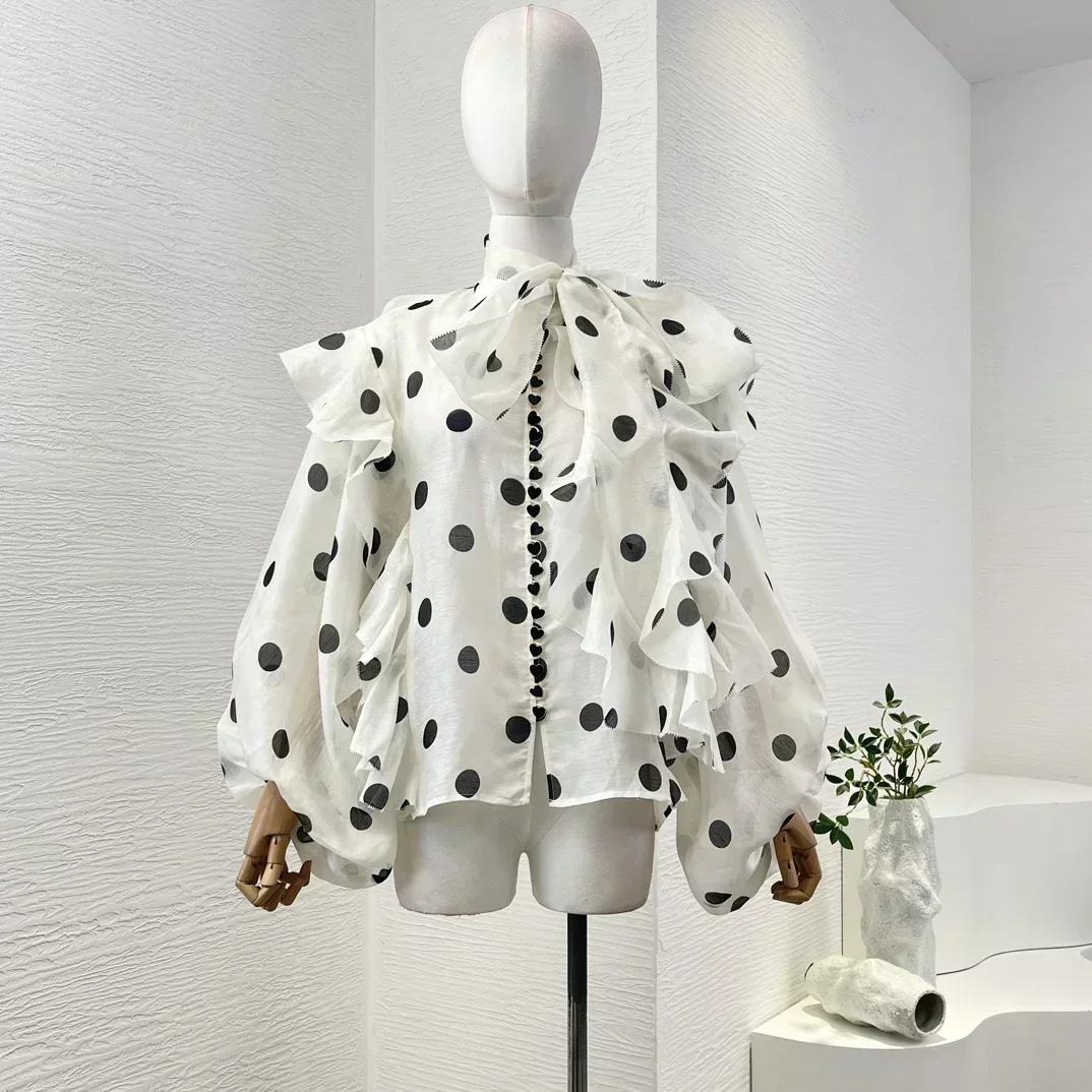 2024 New Autumn Hot Silk Linen High Quality White Dot Print Long Sleeve Ruffles Blouse Top Set for Women