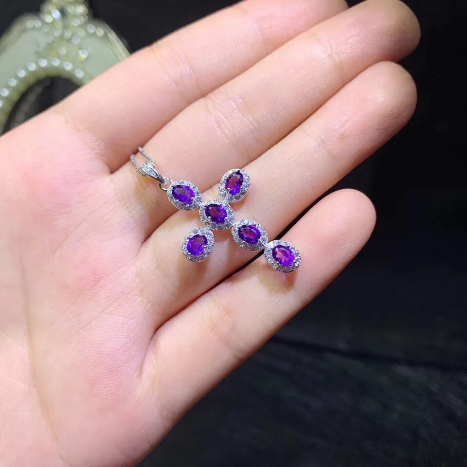 925 Sterling Silver Amethyst Cross Necklace Chain Jewelry Energy Gemstone Pendant Necklace for Women Gift luxury