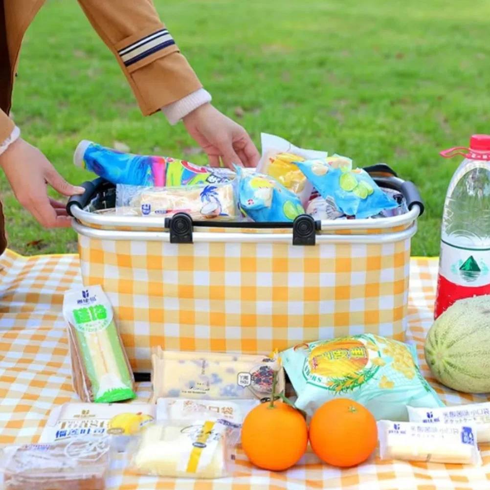 

Aluminum Alloy Handle Outdoor Picnic Bag Colorful Plaid Handheld Travel Thermal Bag Thickened 30L Camping Insulated Bags Camping