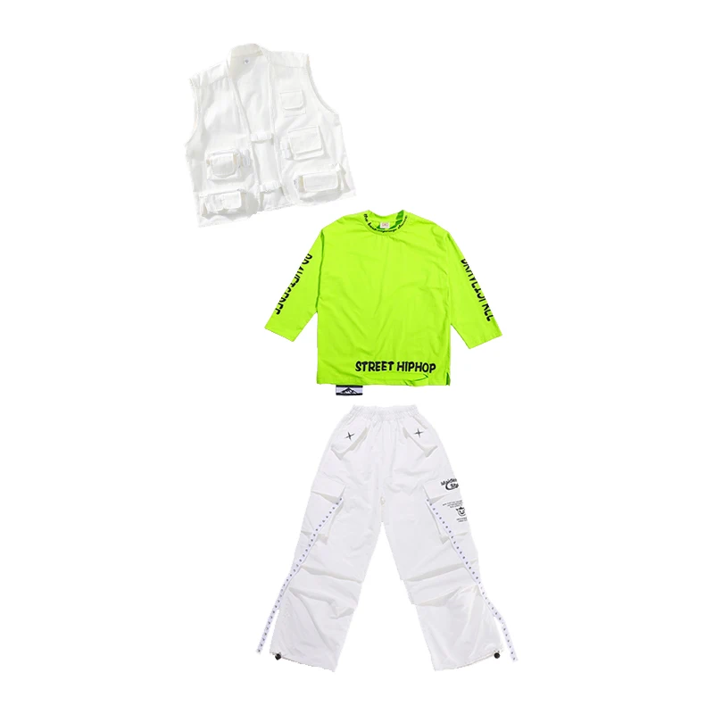 2025 قاعة الرقص الهيب هوب أزياء رقص للأطفال القمصان الخضراء سترة بيضاء السراويل وتتسابق الفتيات الفتيان ملابس أداء الجاز DQS21077