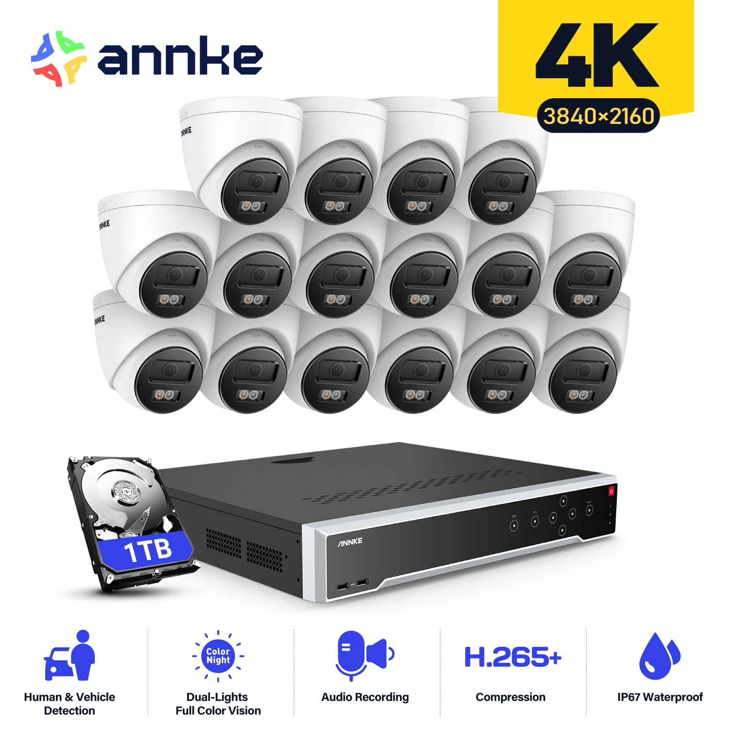 

ANNKE 4K POE система видеонаблюдения 32-канальный NVR 16 камера ночного видения встроенный микрофон обнаружения транспортных средств камера видеонаблюдения