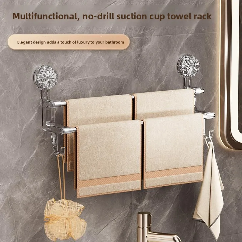

Batoom Double Rod Suction Towel Ra with Hooks Dry Wet Towel Storage Luxury Home Batoom Organizer No Drilling Required