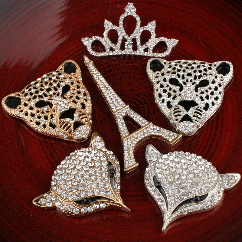 

120PCS Hot Fix Vintage Metal fox/tower/crown/leopard head Crystal Buttons Alloy Flatback Rhinestone Buttons for Hair Accessories